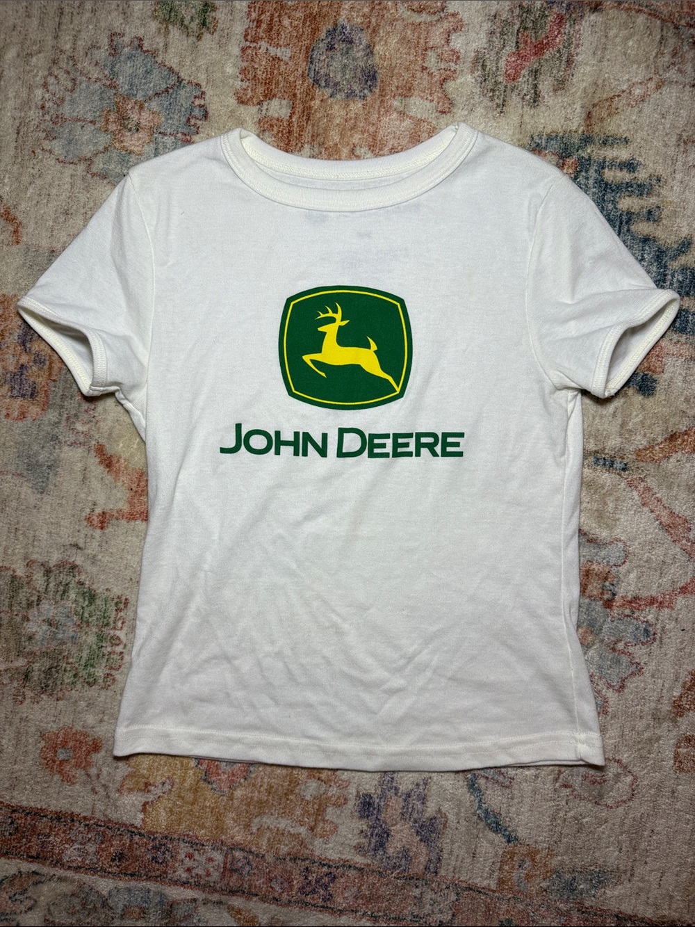 John Deere White T‑Shirt with Green & Yellow Logo